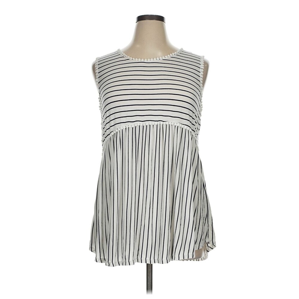 Black White Striped Babydoll Swing Tunic Top Pom Pom Trim Plus Size 1X Lilypad